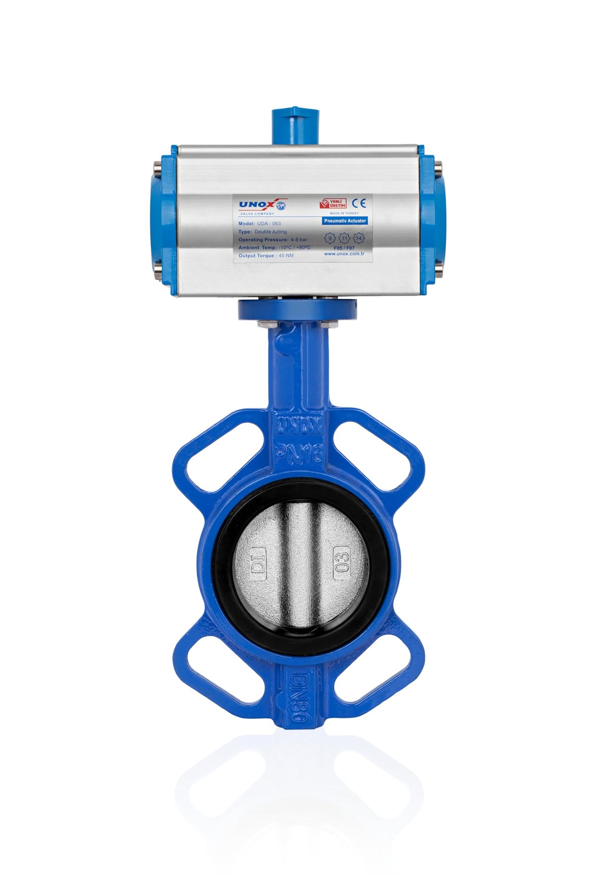 UNOX 8" Pneumatic Butterfly Valve, Wafer, SS304 Disc, Double Acting, EPDM
