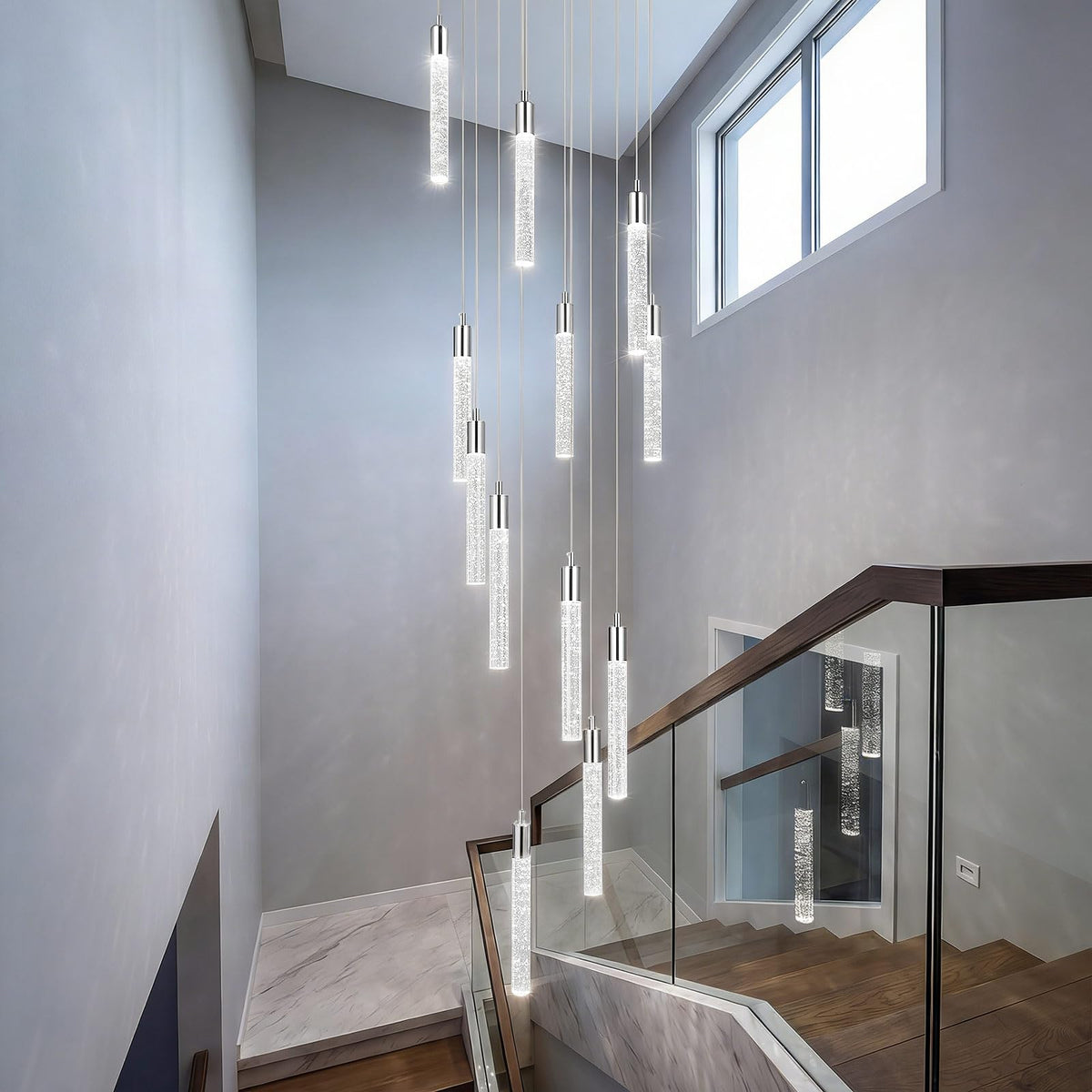 12 Light Living Room Chandelier Chrome Crystal Pendant Lights LED Dimmable 72W 6000K Staircase Large Chandelier Lobby Living Room Foyer High Ceiling Chandeliers