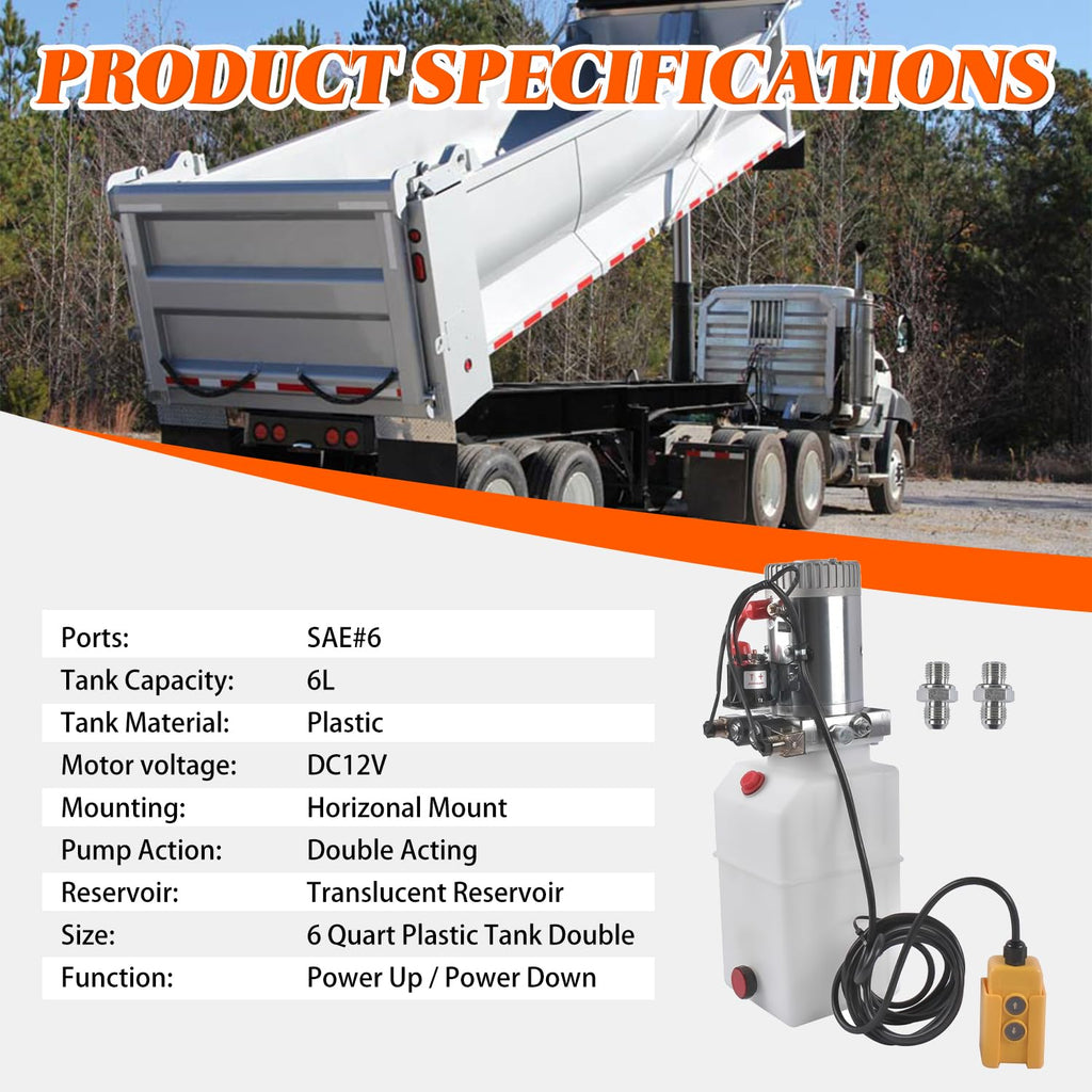 6 Quart 12V Double Acting Electric Hydraulic Pump, Power Unit with 6L Tank Repair Medium-Sized Lifting Platforms All Dump