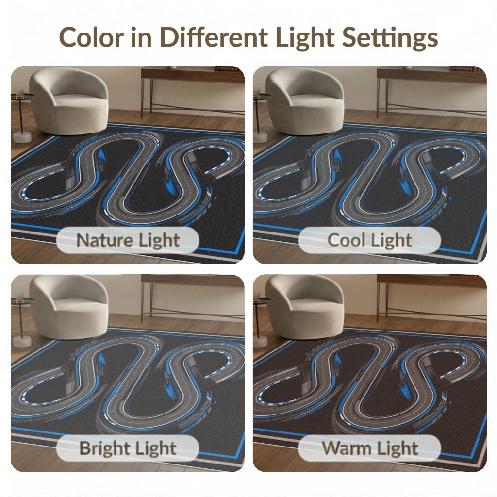 6'x9' Blue Charcoal Race Track Design Washable Area Rug