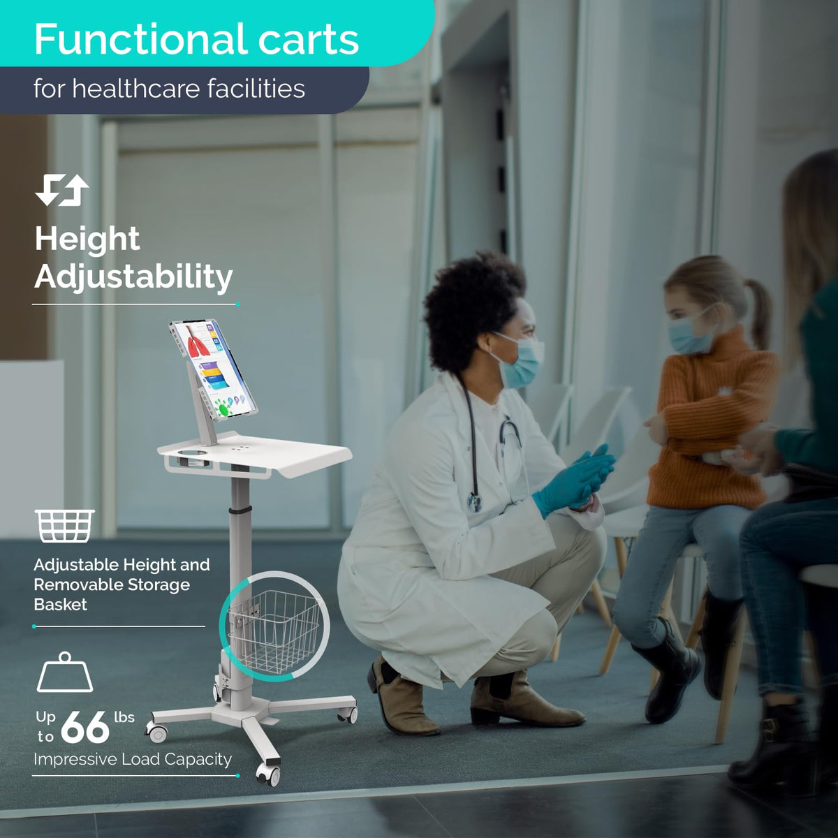 Pneumatic Adjustable Rolling Medical Cart with iPad Enclosure