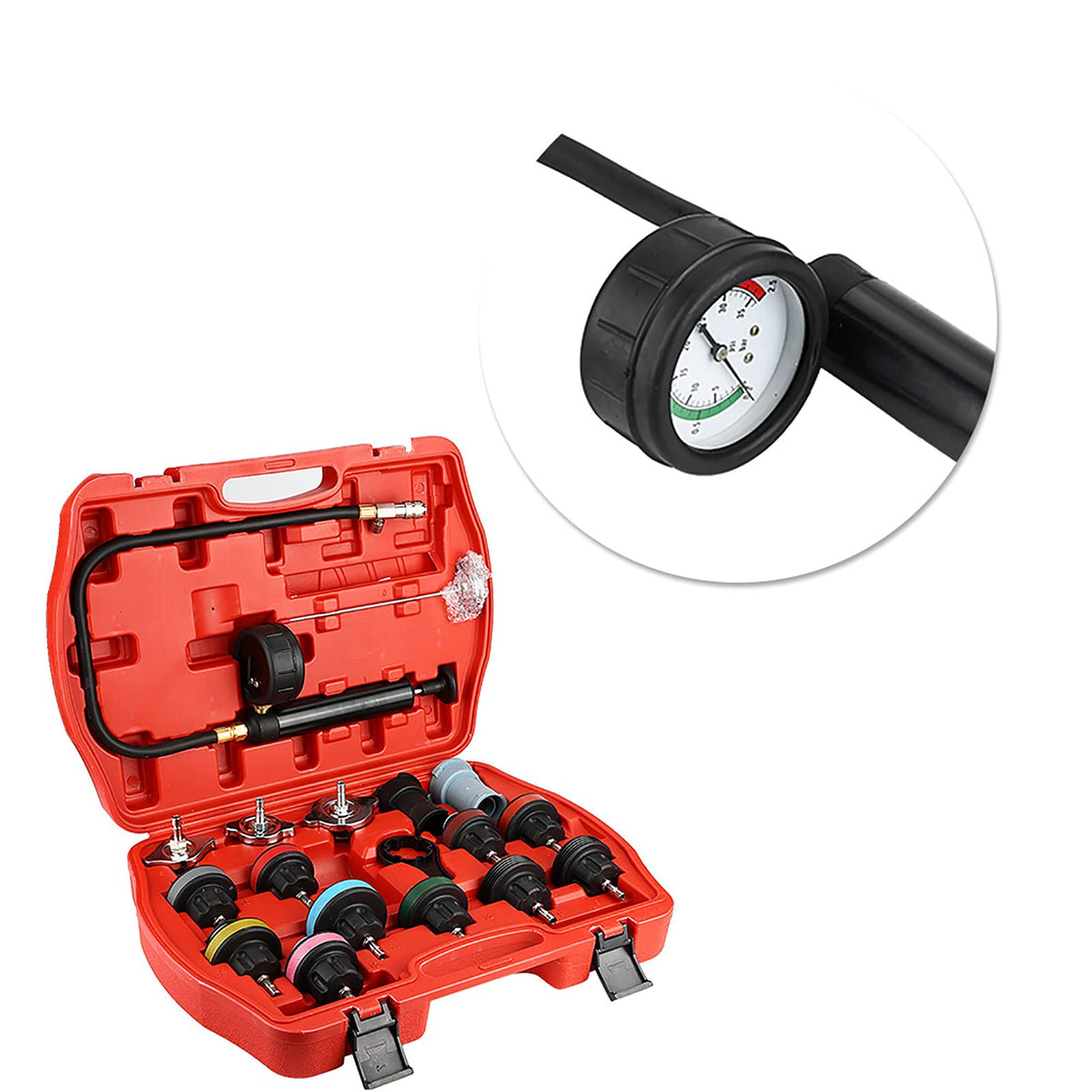 Cooling System Tester 18pcs Universal car Water Tank Leak Tester Cooling System Detector Tool kit Radiator Pressure Tester kit Reliable Tank Leak Detector for Cars Motorcycles