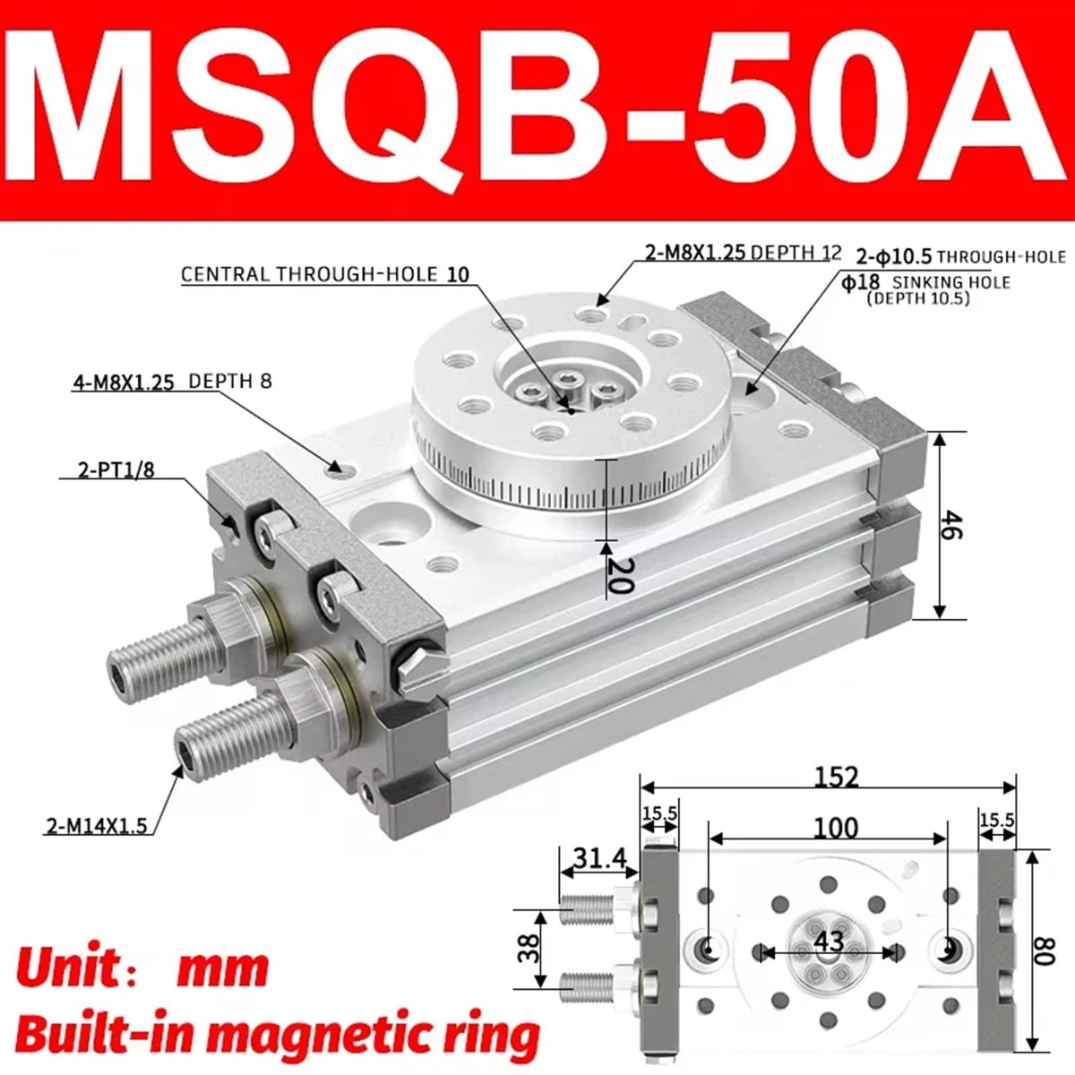 MSQB10A MSQB20A MSQB30R MSQB50R Rotary Pneumatic Cylinder MSQB50A Adjustable 0-190 Degrees 1Pcs(MSQB-50A)