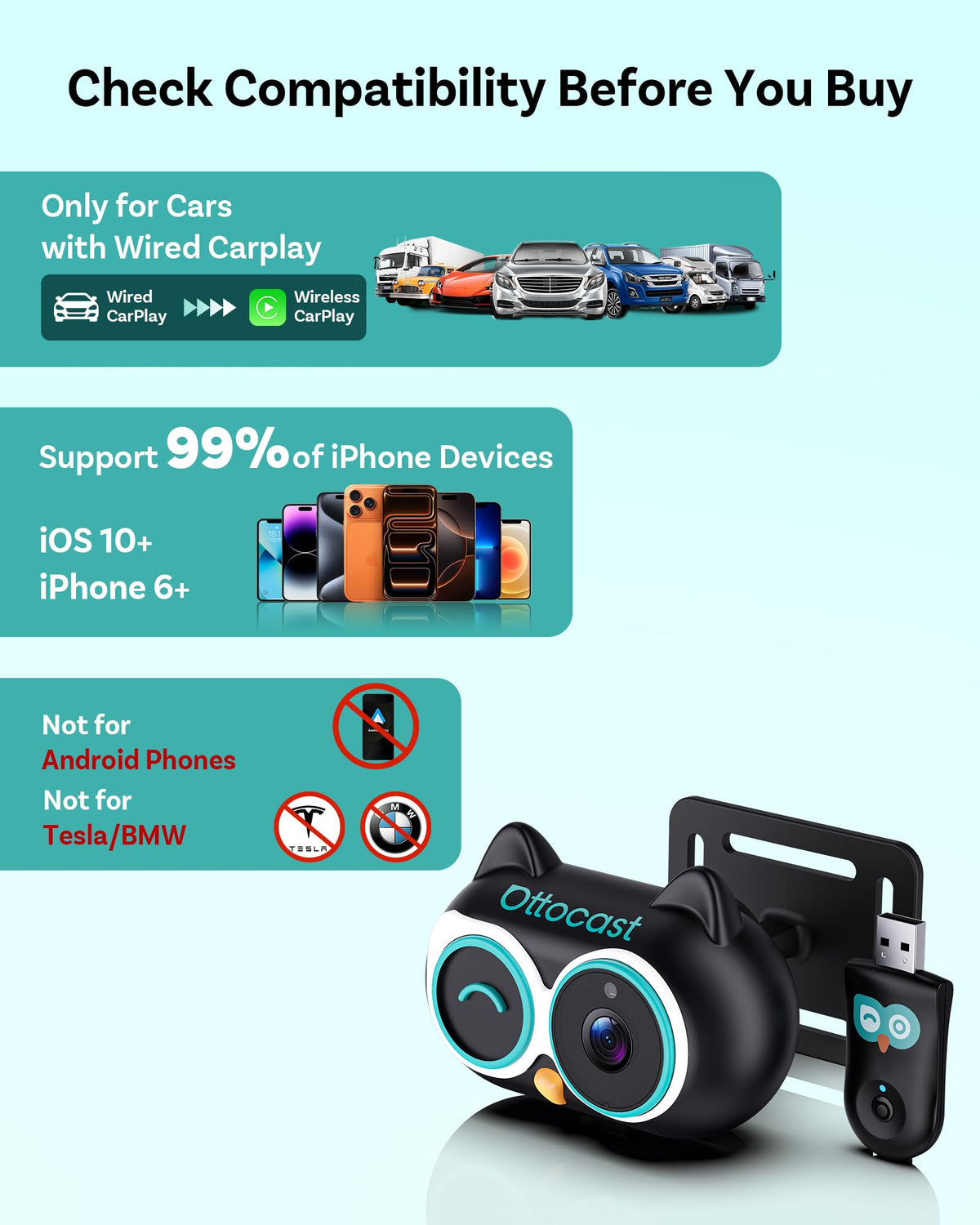 OTTOCAST Baby Car Camera 2026 with Wireless CarPlay Adapter