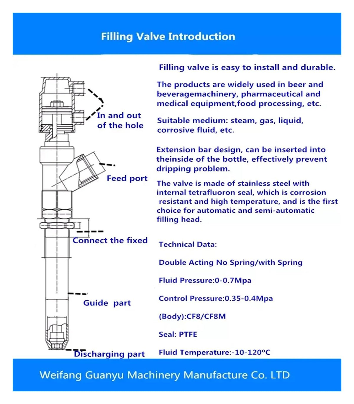 Filling Machine with Stainless Steel DN15-27 Extension Rod Anti-drip Pneumatic Discharge Nozzle Filling Valve(DN20 25MM L480MM)