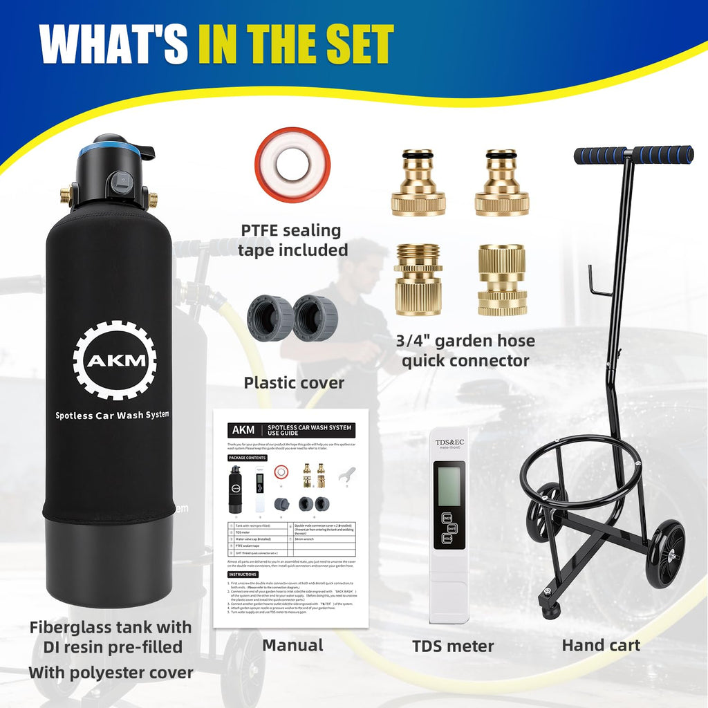 Spotless Water System for car wash,Pre-Filled with 15L DI Resin, with Bypass, DI Water System,Garden Hose Quick Connector, Deionized Water System for RV, Vehicles, Bikes, Boats, No Spots