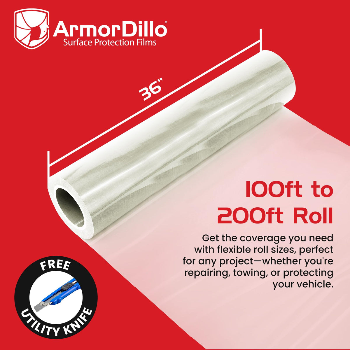 39.22 Per Roll Free Utility Knife ArmorDillo High Tack Collision Wrap - 5 Rolls (1Case) 3 Mil 3Ply Self Adhesive Crash Wrap for Cars, Collision, Towing, 60 Day UVI Protect - 36" x100ft
