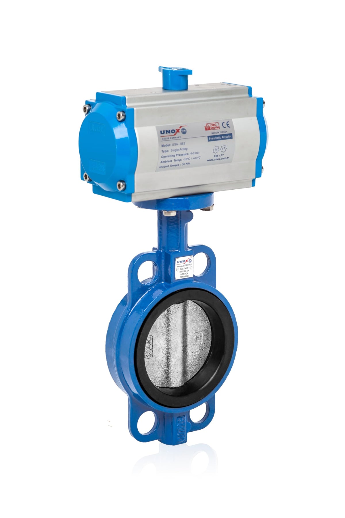 UNOX 8" Pneumatic Butterfly Valve, Wafer, SS304 Disc, Double Acting, EPDM