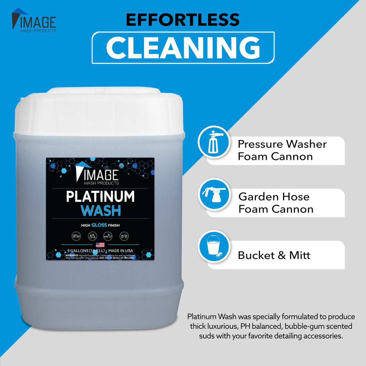Image Wash (5-Gallon) Platinum Wash Car Soap Concentrated pH-Neutral Foam Soap for Foam Cannon & Bucket wipe Safe for Wax Ceramic Coatings High Lubricity Biodegradable Formula with Bubble Gum Scent