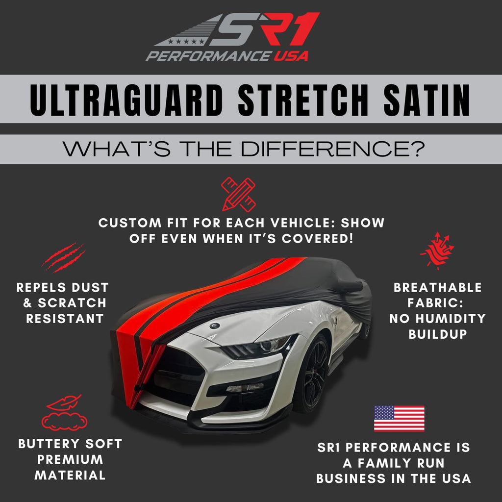SR1 Performance USA C8 Corvette Indoor Car Cover – Custom Fit Stretch Satin Ultraguard, Soft Paint Protection Against Dust & Scratches for 2020–2026 Stingray, Z51, Z06, E-Ray (Gray/Black)