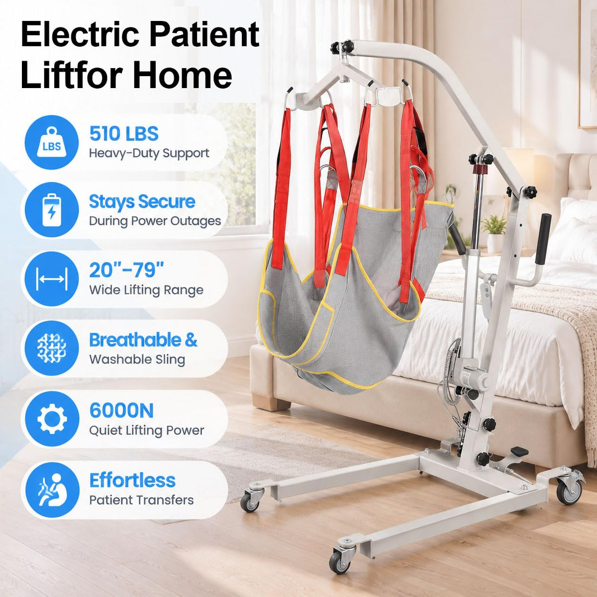 Electric Patient Lift 510 lbs Capacity, Quiet 6000N Motor Transfer Device with Sling, Adjustable Range 20"–79", Portable Lift Assist for Home Care, Car & Travel