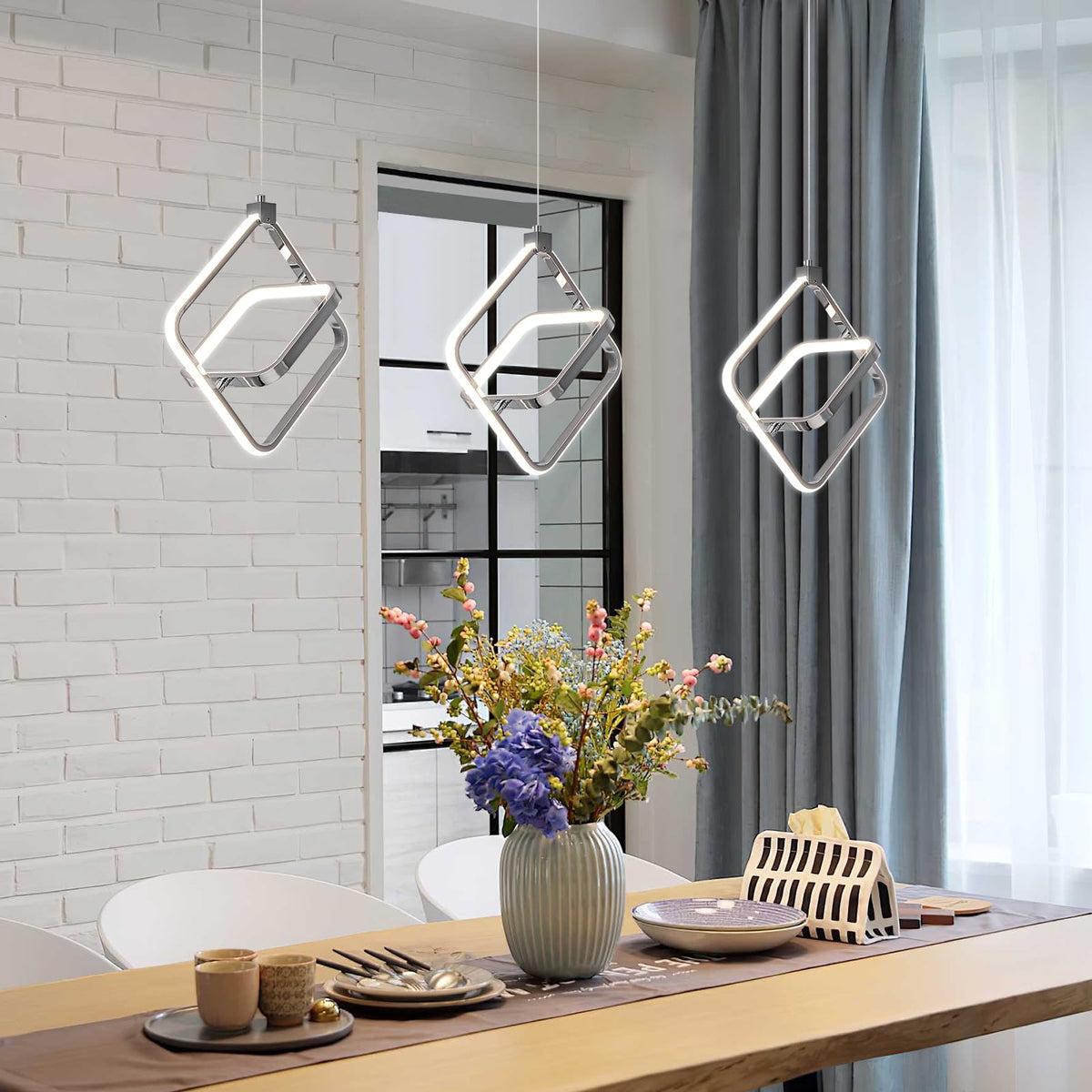 Modern LED Chandelier Chrome Rectangular Pendant Light Fixtures 4000K 20W Dimmable Height Adjustable Pendant Lighting for Dining Room Kitchen Island Bedroom Living Room Foyer（3-Pack）