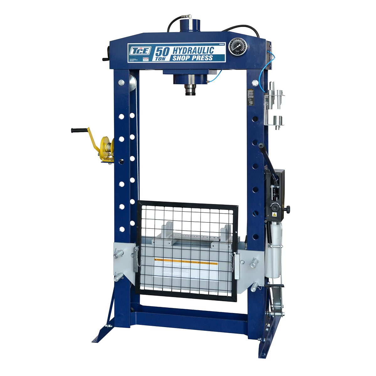TCE 50 Ton H-Frame Hydraulic Garage/Shop Press with Hand and Foot Pump Pedal,Adjustable Height with Stamping Plates,Pressure Gauge,Blue
