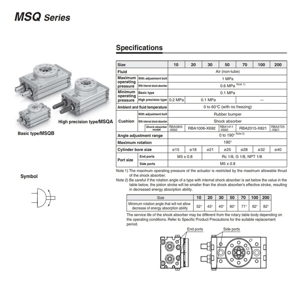 MSQA10A MSQA20A MSQA30A MSQA50A Pneumatic Cylinder Rotary Table Rack Pinion Type MSQA10R MSQA20R MSQA30R MSQA50R(MSQA30R)