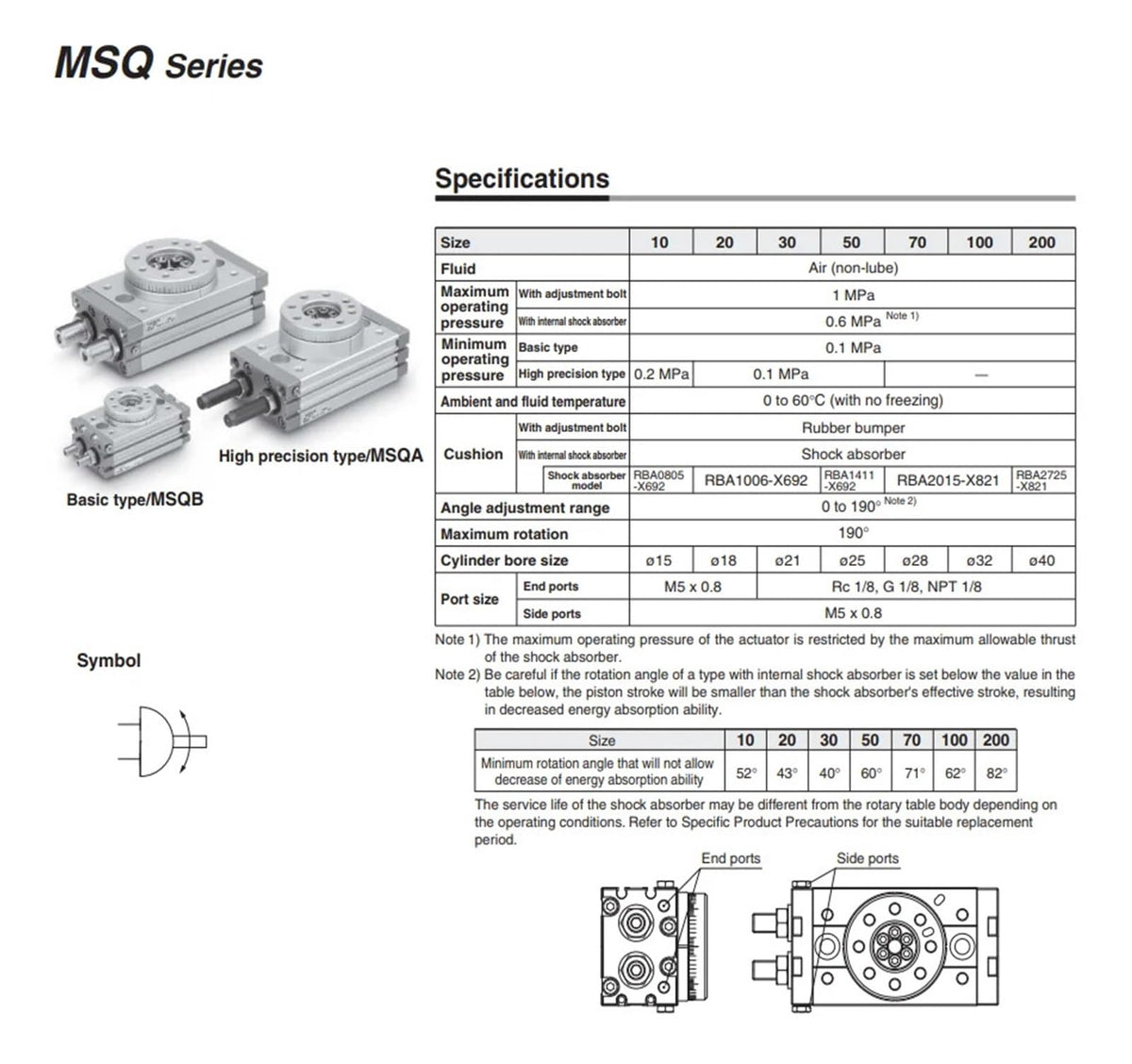MSQA10A MSQA20A MSQA30A MSQA50A Pneumatic Cylinder Rotary Table Rack Pinion Type MSQA10R MSQA20R MSQA30R MSQA50R(MSQA30R)