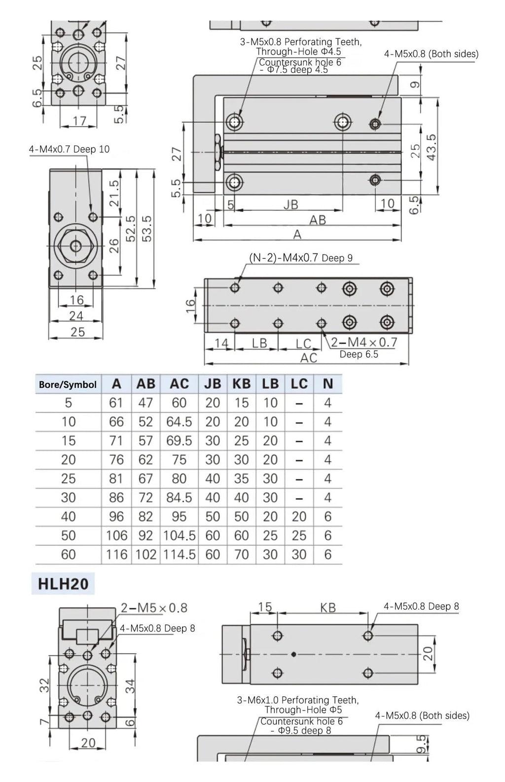 HLH6/10/16/20 Air Side Table Rail Type Pneumatic Cylinder Piston10S/15S/20S/30S/40S/50S(Stroke 50mm)