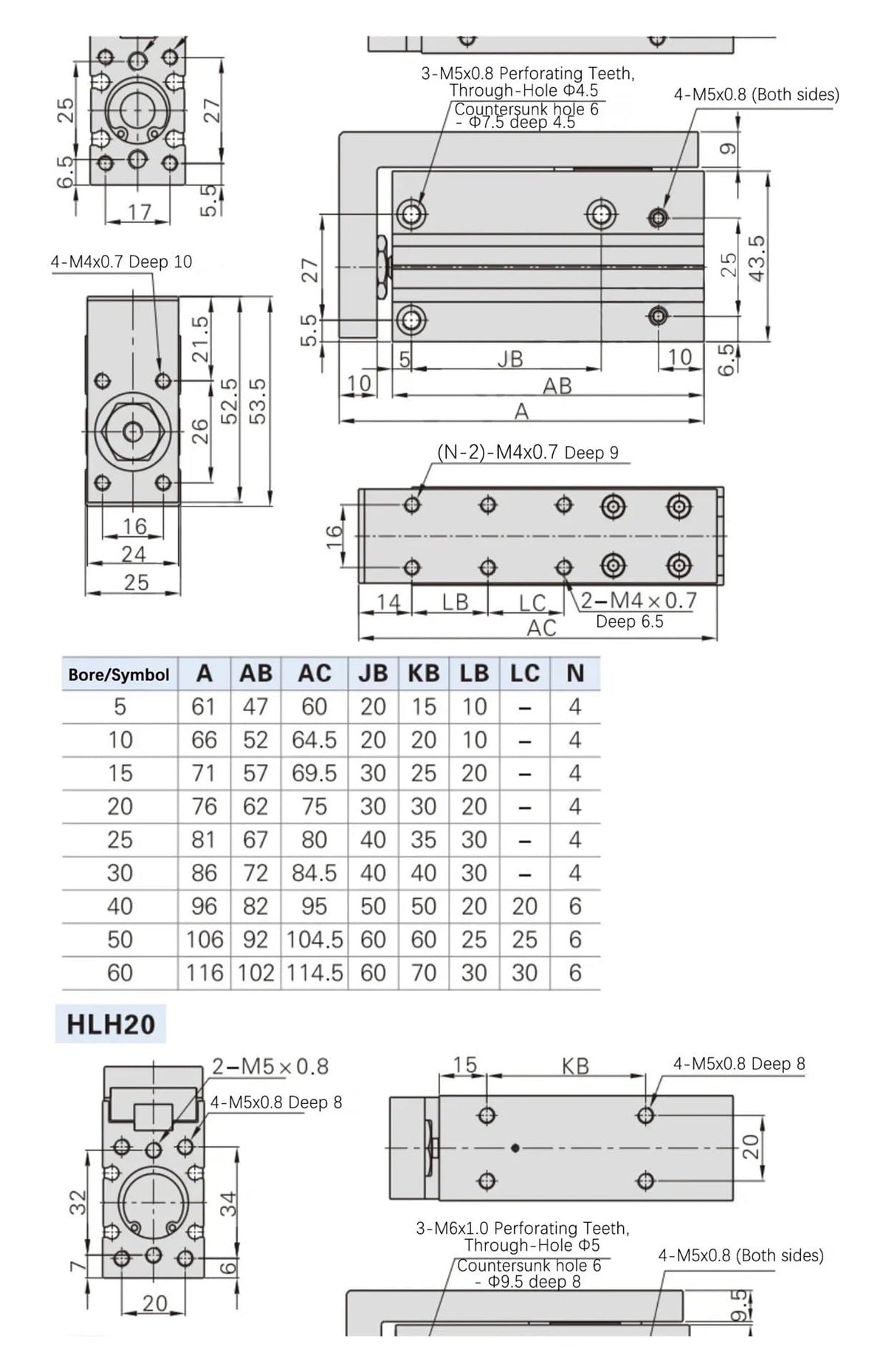 HLH6/10/16/20 Air Side Table Rail Type Pneumatic Cylinder Piston10S/15S/20S/30S/40S/50S(60mm)