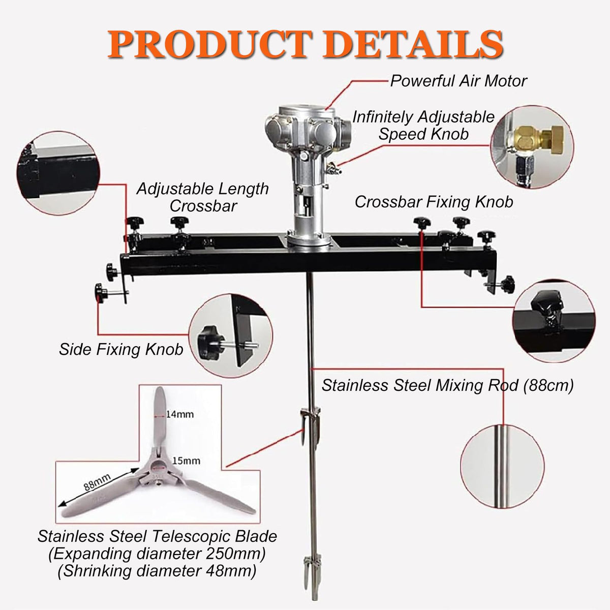 3/4(1/2) HP Pneumatic Paint Mixer Air Agitator, Paint Stirring Machine with Support Hanger and Folding Propeller,5-Cylinder
