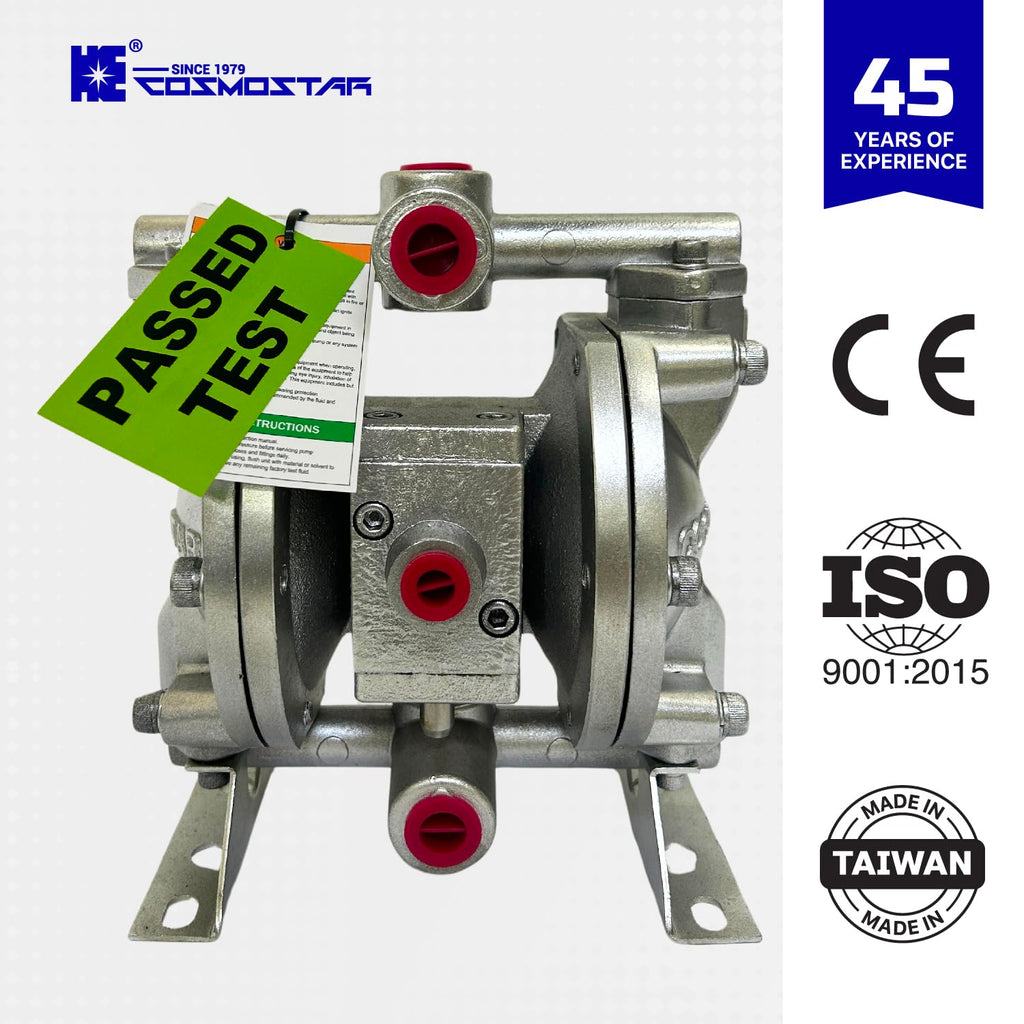 Cosmostar 3/8" Air Operated Double Diaphragm Pump – Pneumatic Fluid Transfer Pump with Teflon Diaphragm (3/8" Inlet & Outlet, 6.3 GPM, 120 PSI Max) for Paint, Ink, Solvents & Chemicals