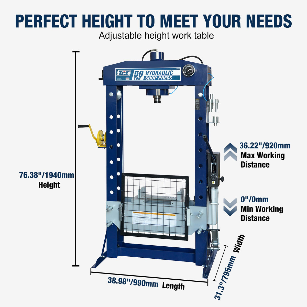 TCE 50 Ton H-Frame Hydraulic Garage/Shop Press with Hand and Foot Pump Pedal,Adjustable Height with Stamping Plates,Pressure Gauge,Blue