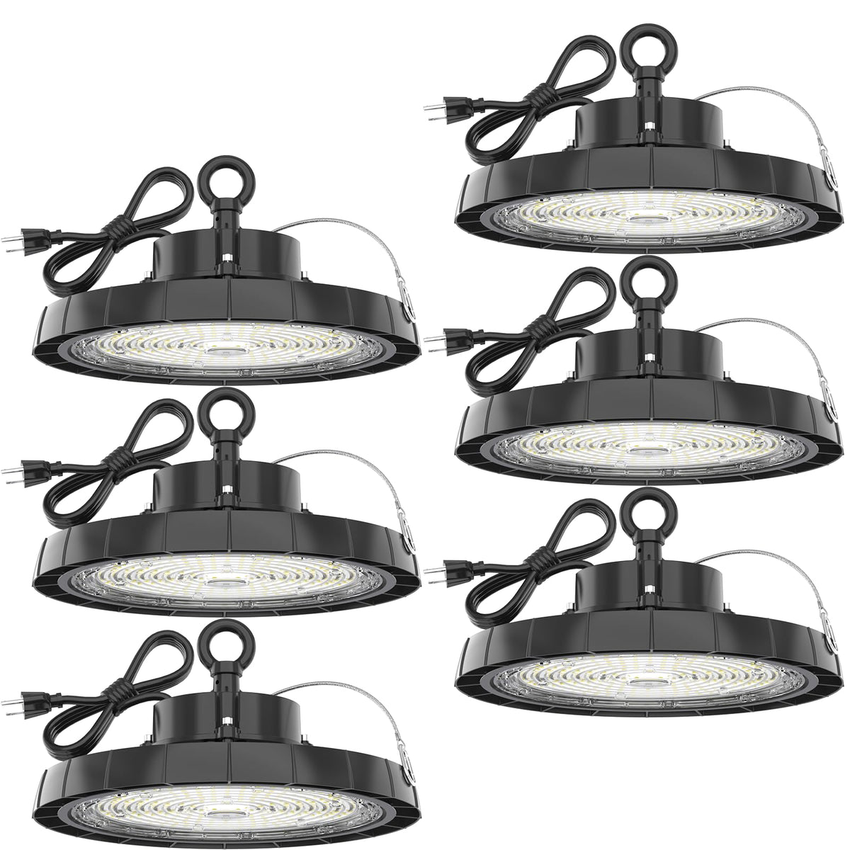 High Bay LED Shop Lights: 250W 5000K UFO Led Light 35000LM 6 Pack IP65 AC100-277V with US Plug 5' Cable - UFO Lights for Warehouse Shop Factory Garage