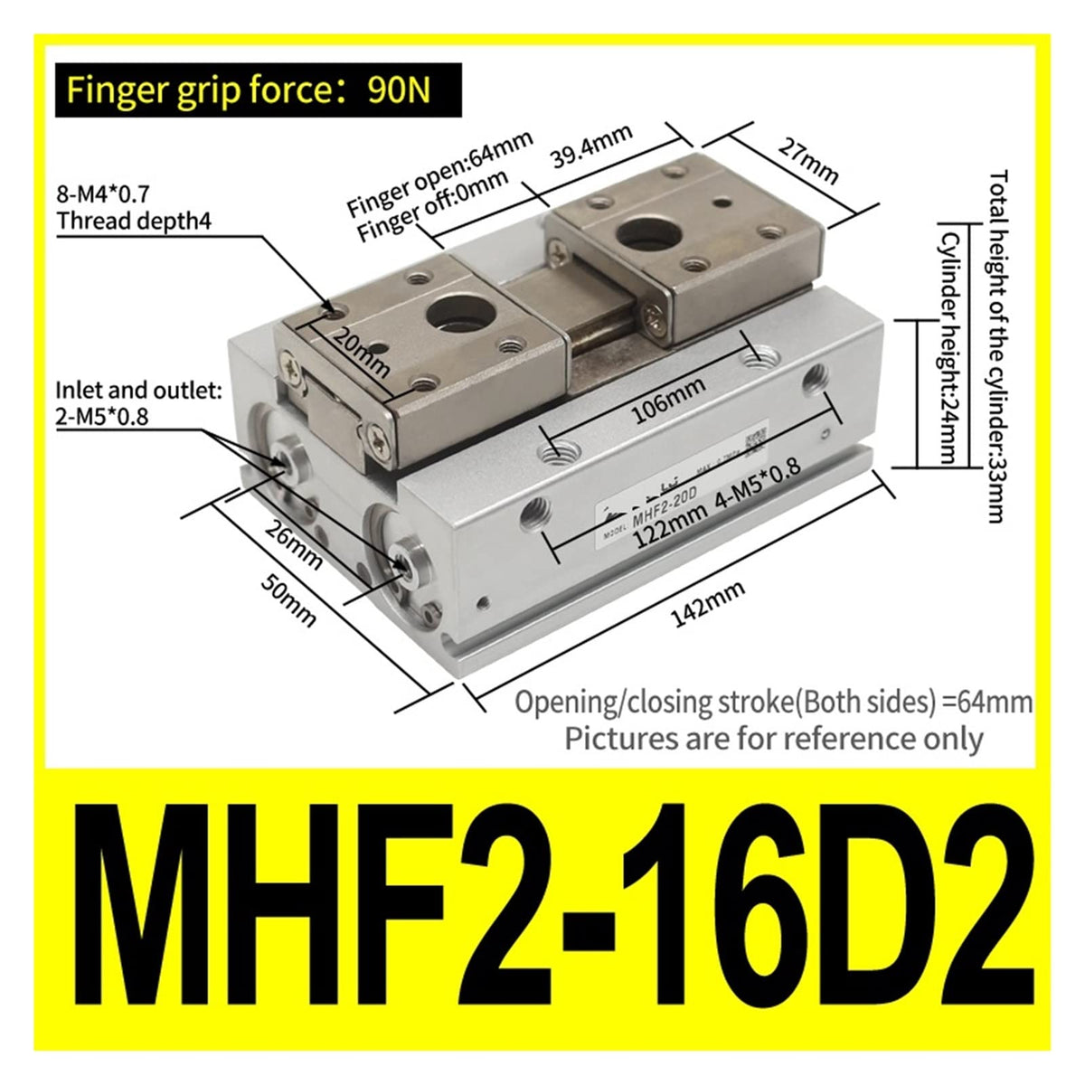 Pneumatic Air Cylinder Low Profile Air Gripper MHF2-8D MHF2-12D MHF2-16D MHF2-20 MHF2-8D1 MHF2-12D1 MHF2-16D1 MHF2-20D1 MHF2-8D2 12D2 16 20D2 Double Acting (Color : MHF2-20D) (Mhf2)