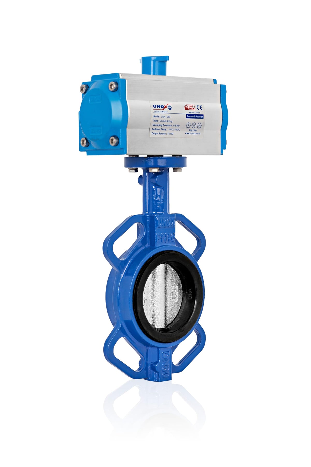 UNOX 8" Pneumatic Butterfly Valve, Wafer, SS304 Disc, Double Acting, EPDM