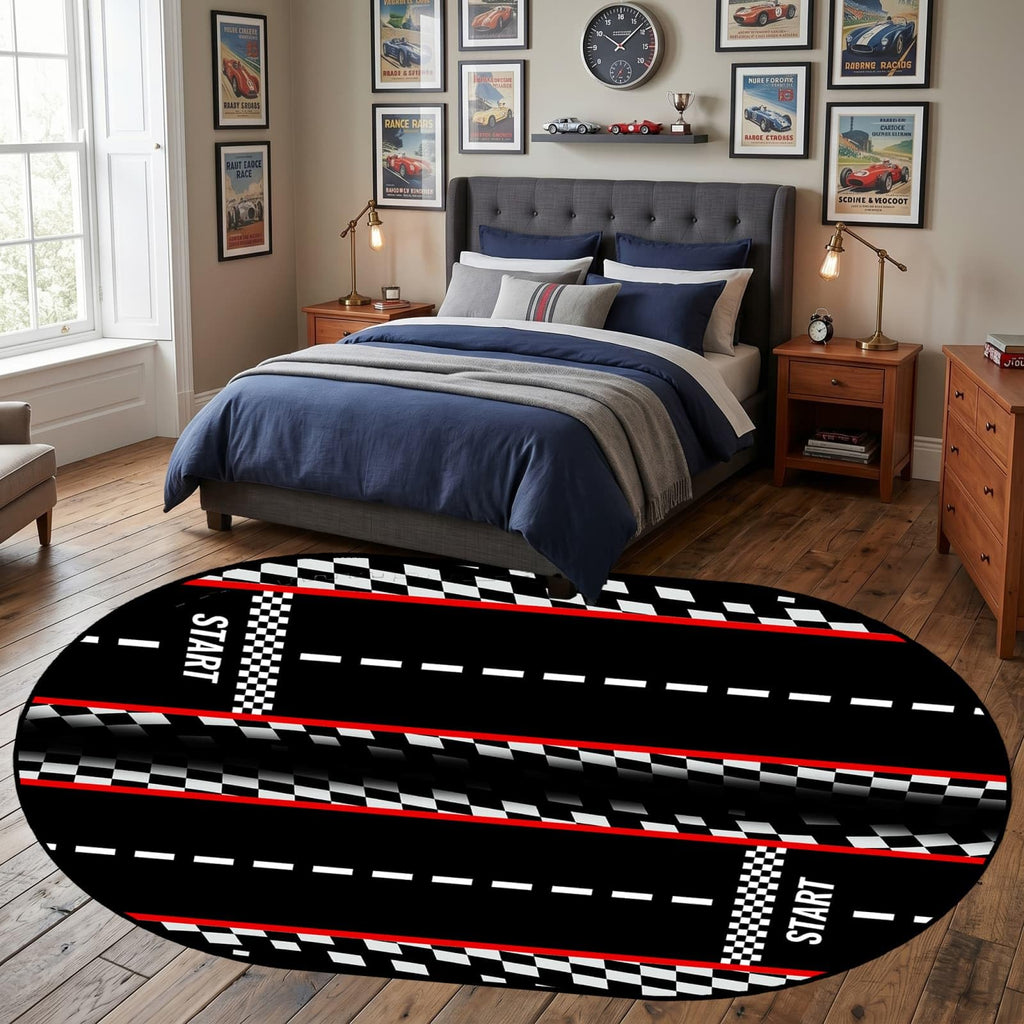 7x10ft Dual Lane Race Track Children Rug for Bedroom Black and White Checkered Start Line Car Rug Play Mat Non-Slip Easy Care Low-Pile Carpet for Racing Car Party Decor