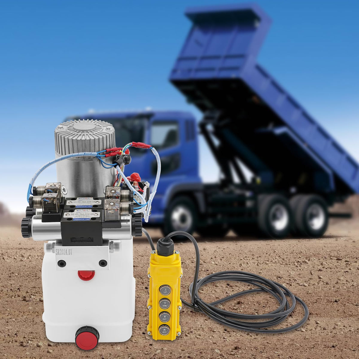 12V DC Hydraulic Pump Single Acting, 4.5 Quart Square Plastic Reservoir, Double Acting Capable, for Dump Trailer, Lift Gate, Small to Medium Hydraulic Power Unit