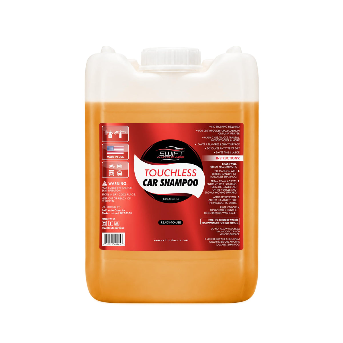 Swift Touchless Car Wash Shampoo (5 Gallon) - No Brushing Required, High Foaming Car Soap, Heavy Duty, Auto Detergent for Foam Cannon, Works on Cars, Trucks, RVs, Upholstery & More!