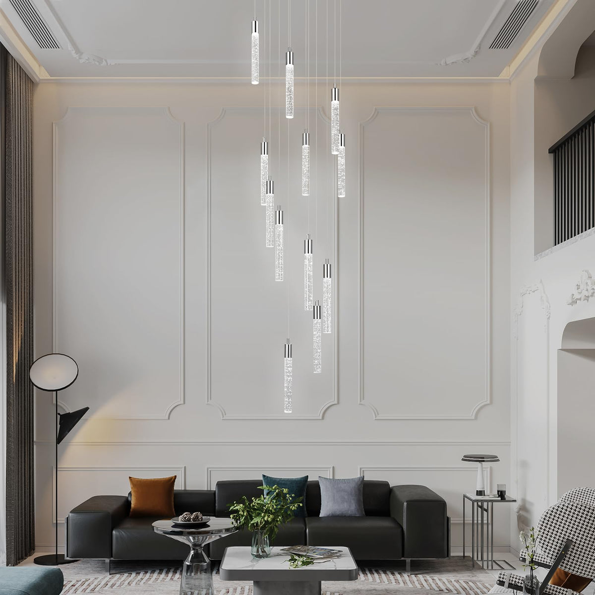 12 Light Living Room Chandelier Chrome Crystal Pendant Lights LED Dimmable 72W 6000K Staircase Large Chandelier Lobby Living Room Foyer High Ceiling Chandeliers