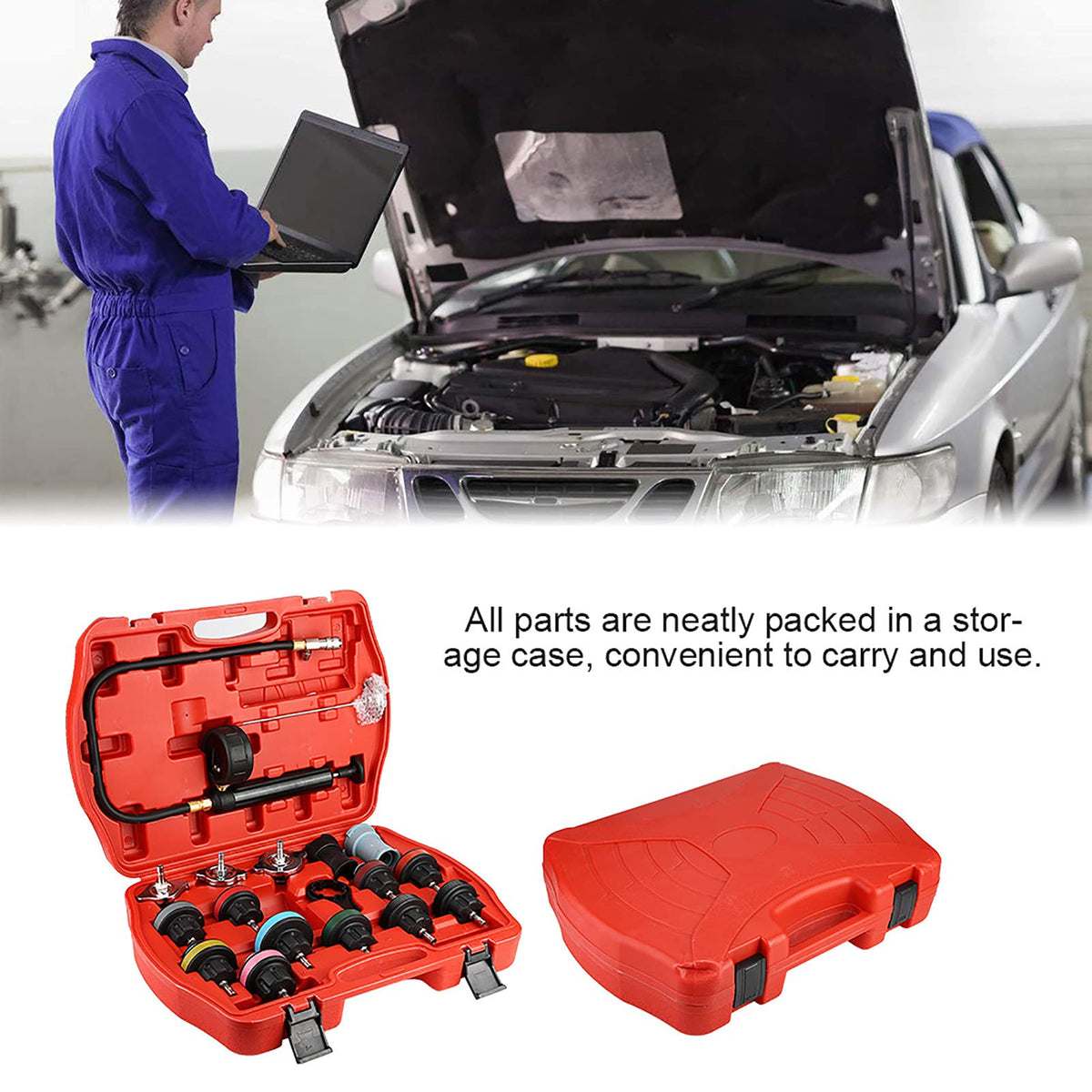 Cooling System Tester 18pcs Universal car Water Tank Leak Tester Cooling System Detector Tool kit Radiator Pressure Tester kit Reliable Tank Leak Detector for Cars Motorcycles