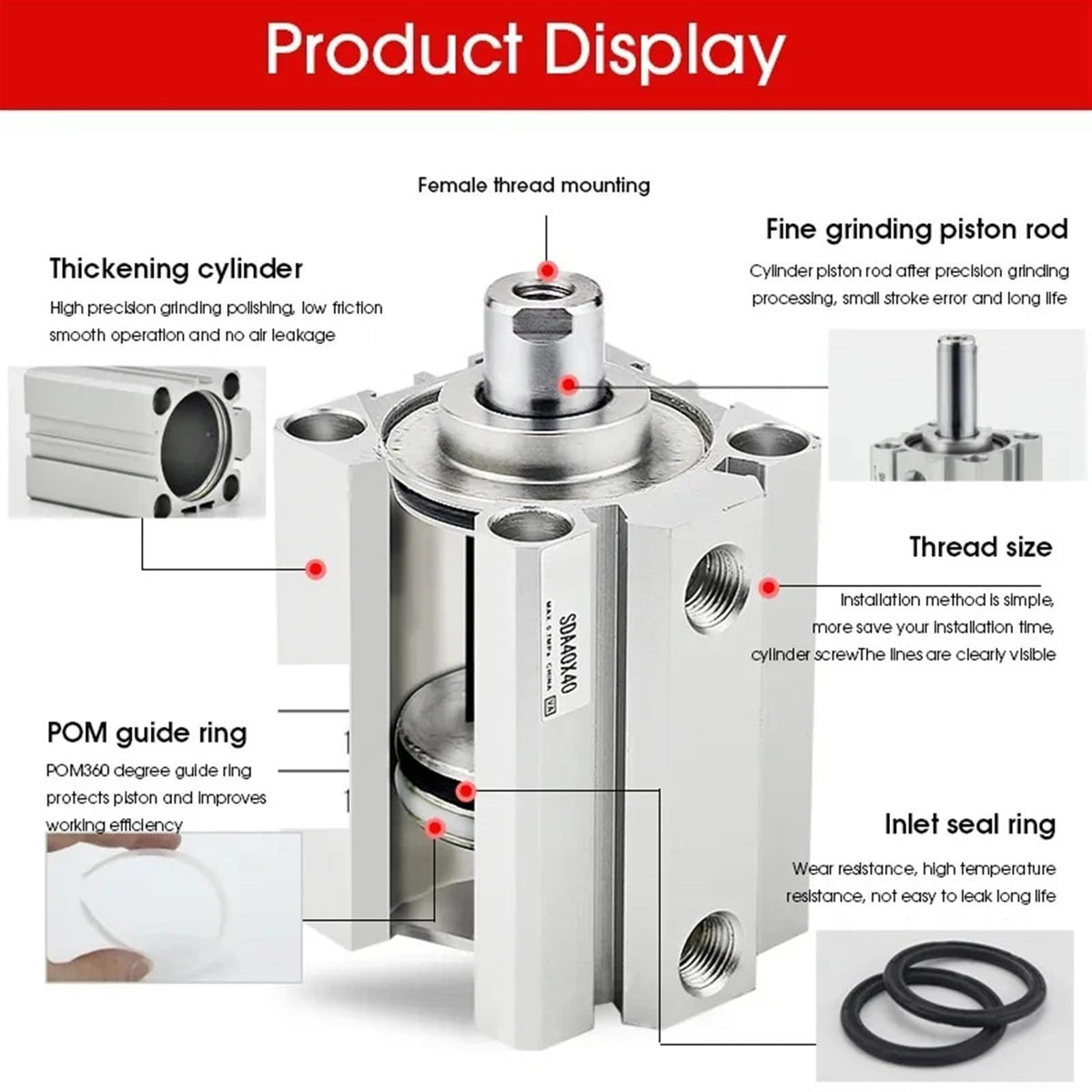 SDA Compact Cylinder SDA32 SDA40 SDA50 SDA63 SDA80 Stroke 10/20/30/40 Double Acting Pneumatic Piston Cylinder(Stroke 80mm,Bore 63mm)