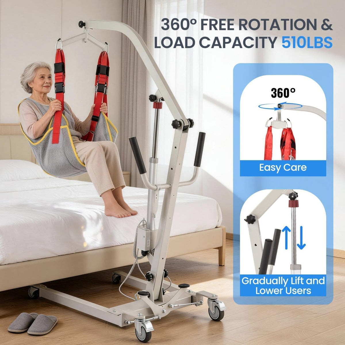 Electric Patient Lift for Home, 510 lbs Capacity Transfer Lift with Quiet 6000N Motor & Washable Sling, Senior Lifting Device for Bedridden, Disabled & Full/Partial Paralysis, Home Car Travel Use