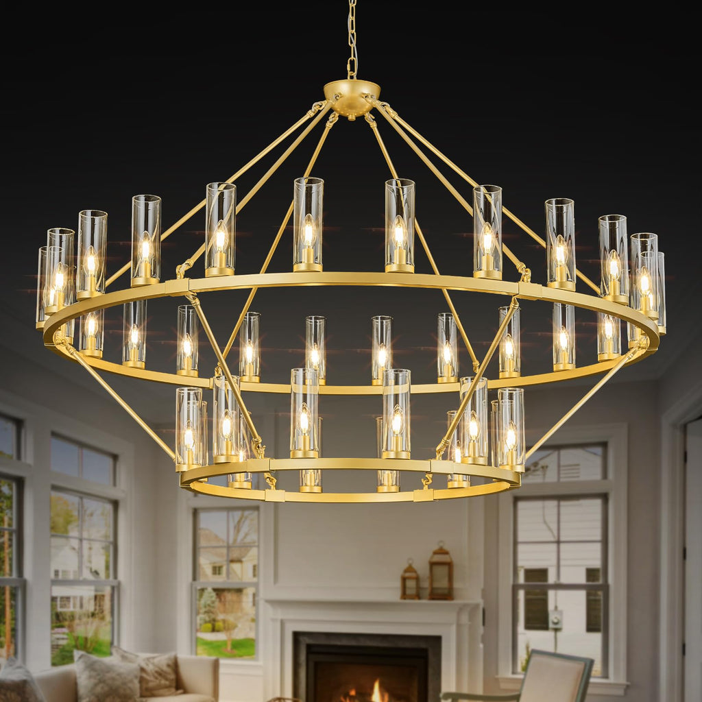 48 Inch Large Black Wagon Wheel Chandelier with Clear Glass Shade 2 Tier 24-Lights Round Pendant Light Farmhouse Industrial Chandeliers Dining Room Light Fixture for Stair Living Room Foyer