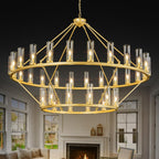48 Inch Large Black Wagon Wheel Chandelier with Clear Glass Shade 2 Tier 24-Lights Round Pendant Light Farmhouse Industrial Chandeliers Dining Room Light Fixture for Stair Living Room Foyer