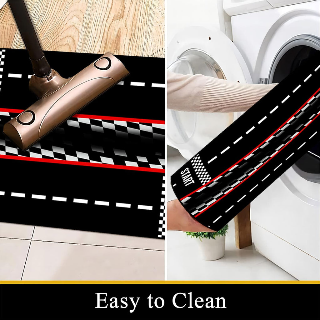 7x10ft Dual Lane Race Track Children Rug for Bedroom Black and White Checkered Start Line Car Rug Play Mat Non-Slip Easy Care Low-Pile Carpet for Racing Car Party Decor