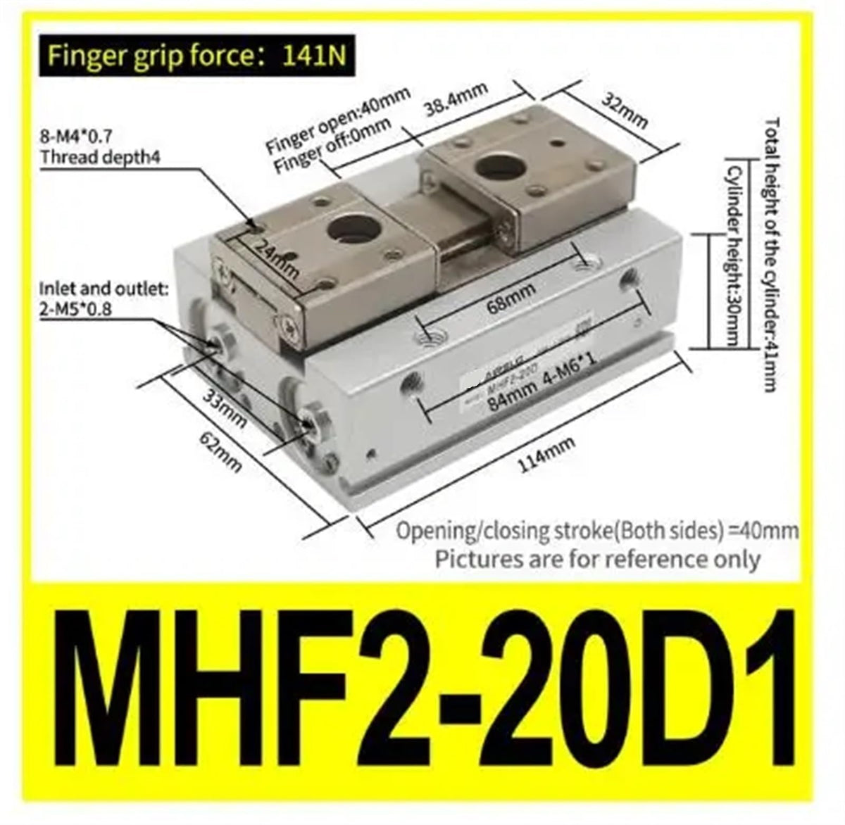 Low Profile Pneumatic Cylinder Air Parallel Gripper Force Cylinder MHF2 8D MHF2 10D MHF2 12D MHF2 16D MHF2 20D Pneumatic Gripper 1PCS(MHF2-20D1)
