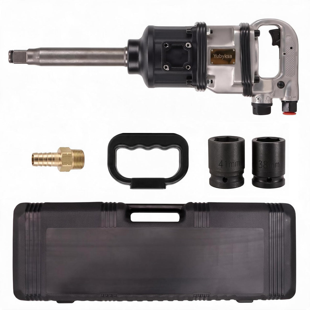 1" Air Impact Wrench, 1770 ft-lbs Heavy Duty Pneumatic Impact Gun with 9" Extended Anvil, Pinless Single Hammer, D-Handle, Includes 38mm & 41mm Sockets, for Semi-Truck & Heavy Equipment