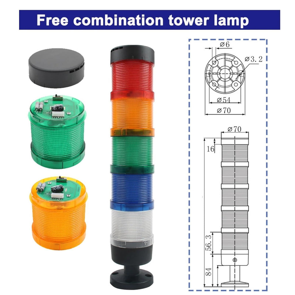 Multilayer Safety Industrial Stack Light LTP-70 3in1 Steady/Flash/Rotary Light Layer LED Lamp 12V 24V 220V 70mm Buzzer/no Sound(4 Layer Sound,12V)