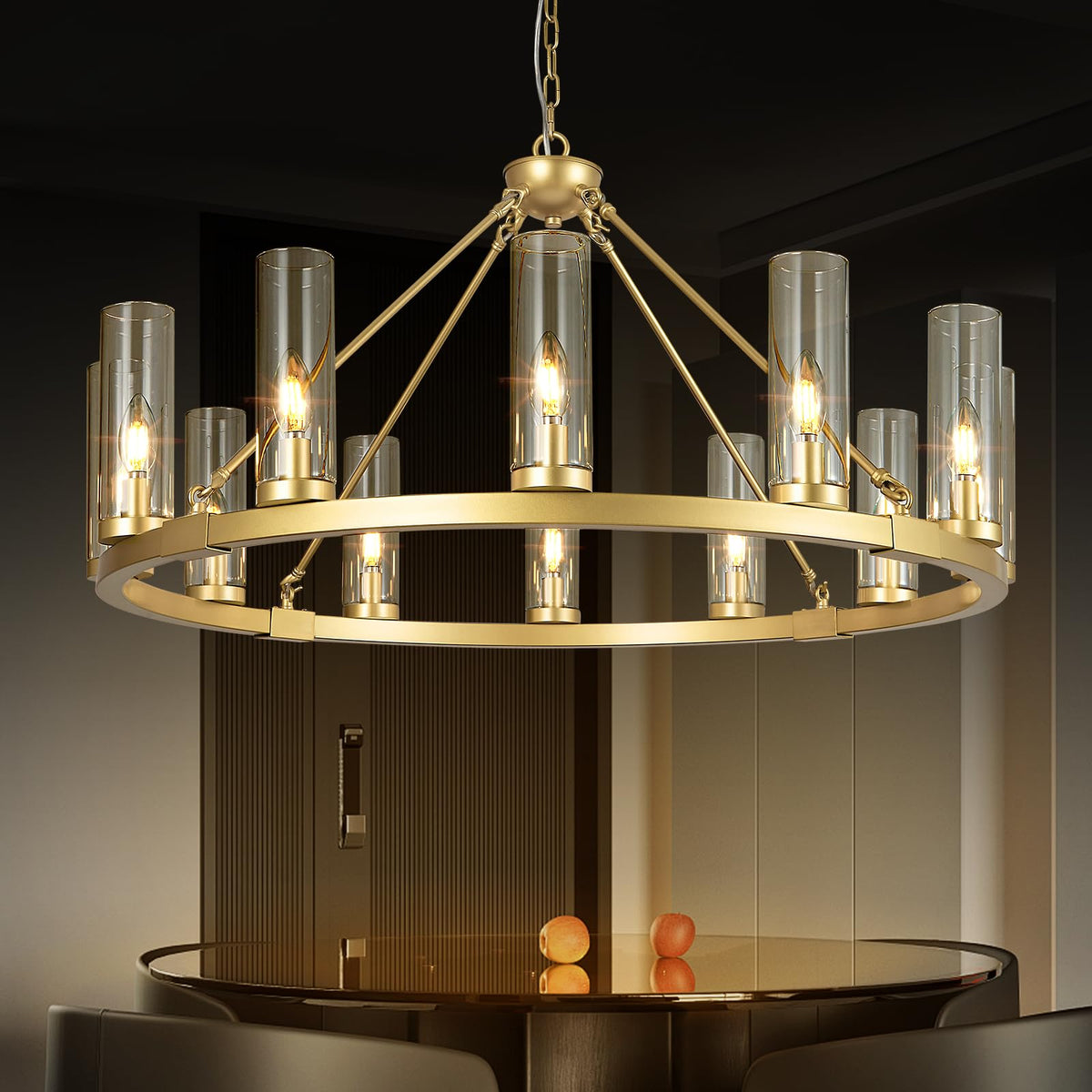 48 Inch Large Black Wagon Wheel Chandelier with Clear Glass Shade 2 Tier 24-Lights Round Pendant Light Farmhouse Industrial Chandeliers Dining Room Light Fixture for Stair Living Room Foyer