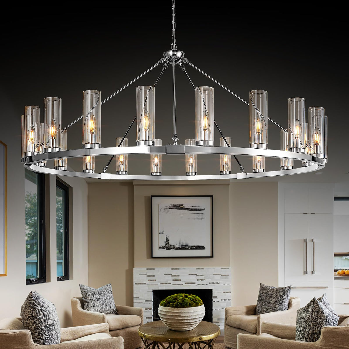 48 Inch Large Black Wagon Wheel Chandelier with Clear Glass Shade 2 Tier 24-Lights Round Pendant Light Farmhouse Industrial Chandeliers Dining Room Light Fixture for Stair Living Room Foyer