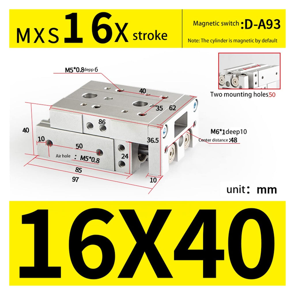 Pneumatic Air Cylinder Pneumatic Series Rail Slide Air Cylinder MXS16-10 MXS16-20 MXS16-30 MXS16-40 MXS16-50 MXS16-75 MXS16-100 MXS16-125 Double Acting (Color : MXS16-100) (Mxs16)