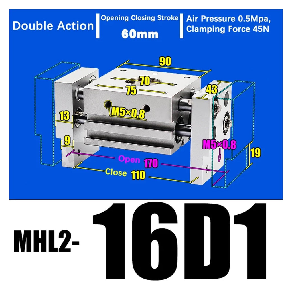 MHL2-20D MHL2-20D1 MHL2-20D2 Double Acting Pneumatic Gripper Wide Type Air Gripper Parallel Cylinder Aluminium Clamps(MHL2-16D1)