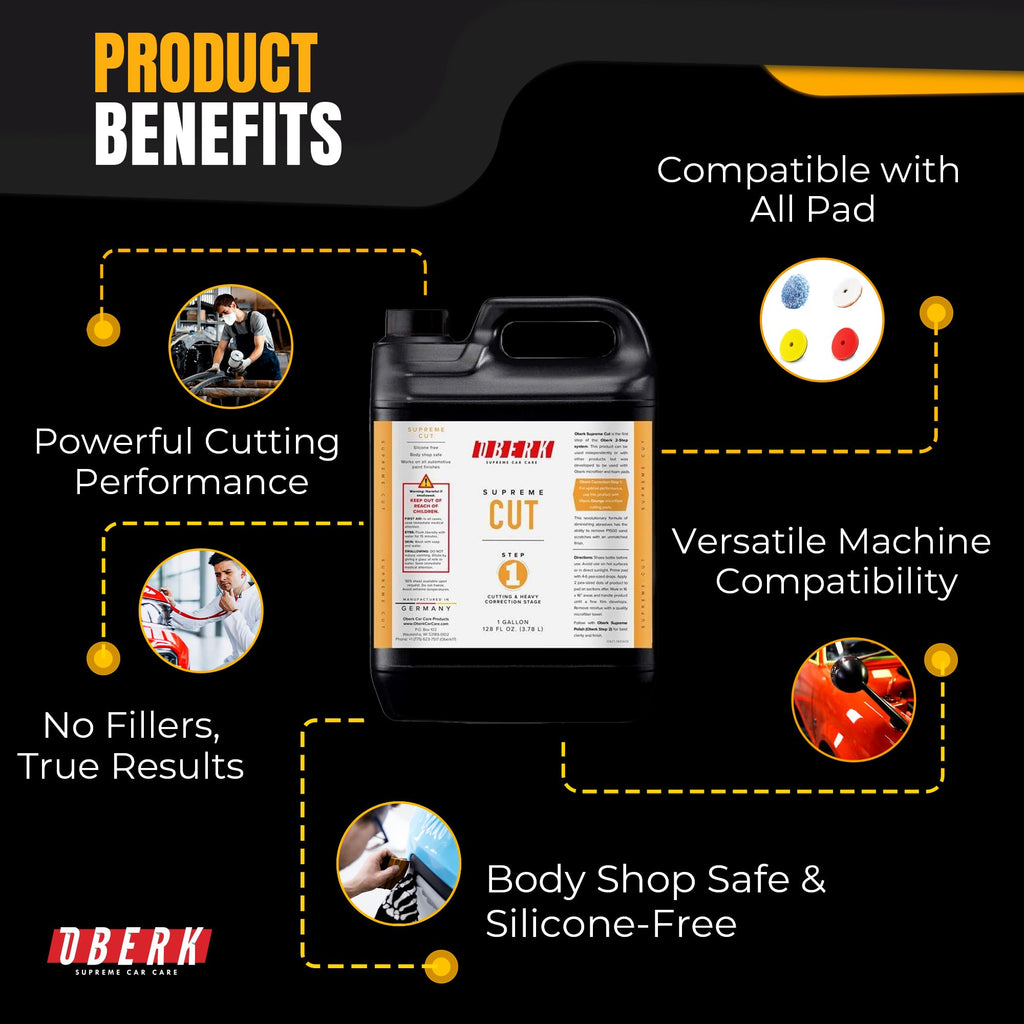 Supreme Cut – Heavy Duty Polishing Compound for Car Detailing – Removes P1500 Sanding Marks & Swirls – Body Shop Safe, No Fillers – Works with DA & Rotary Polishers (128oz Oberk Cut)