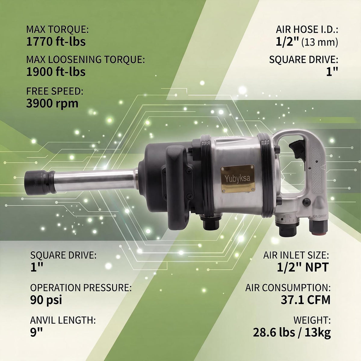 1" Air Impact Wrench, 1770 ft-lbs Heavy Duty Pneumatic Impact Gun with 9" Extended Anvil, Pinless Single Hammer, D-Handle, Includes 38mm & 41mm Sockets, for Semi-Truck & Heavy Equipment