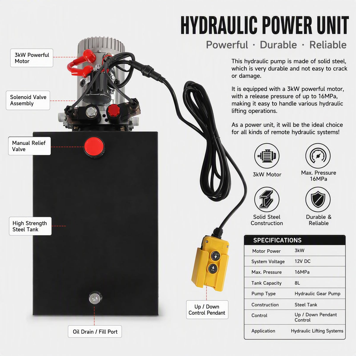 12V 3KW Double Acting Hydraulic Pump 16MPa 20Qt Tank for Forklifts