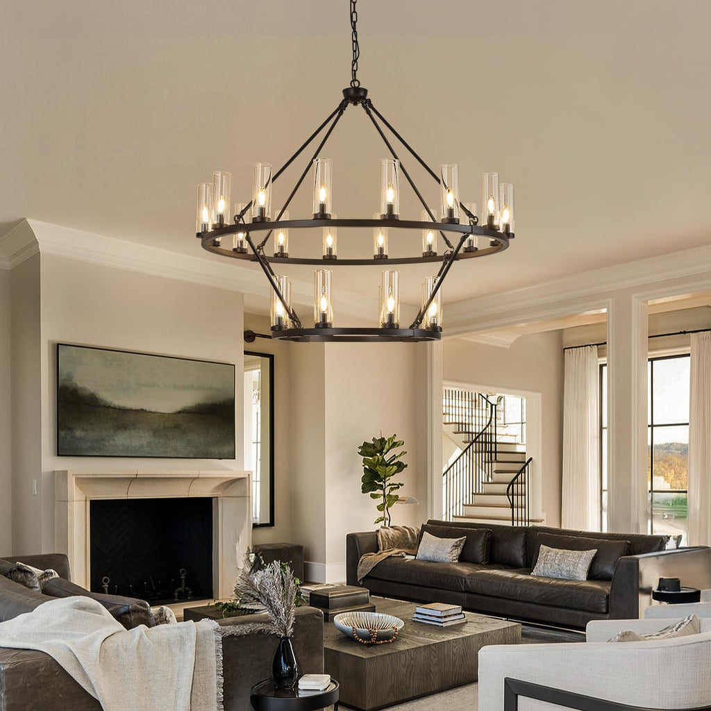 48 Inch Large Black Wagon Wheel Chandelier with Clear Glass Shade 2 Tier 24-Lights Round Pendant Light Farmhouse Industrial Chandeliers Dining Room Light Fixture for Stair Living Room Foyer