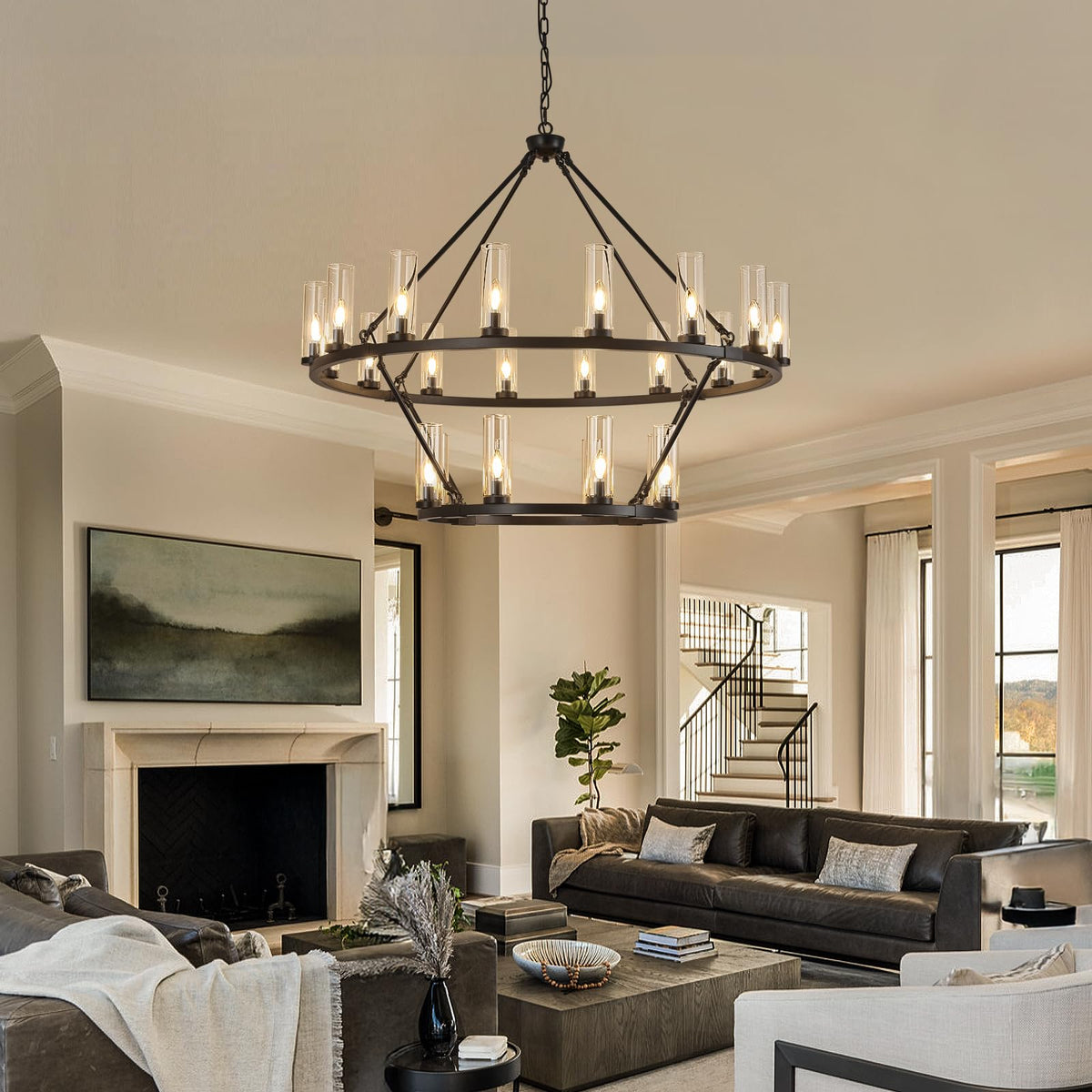 48 Inch Large Black Wagon Wheel Chandelier with Clear Glass Shade 2 Tier 24-Lights Round Pendant Light Farmhouse Industrial Chandeliers Dining Room Light Fixture for Stair Living Room Foyer