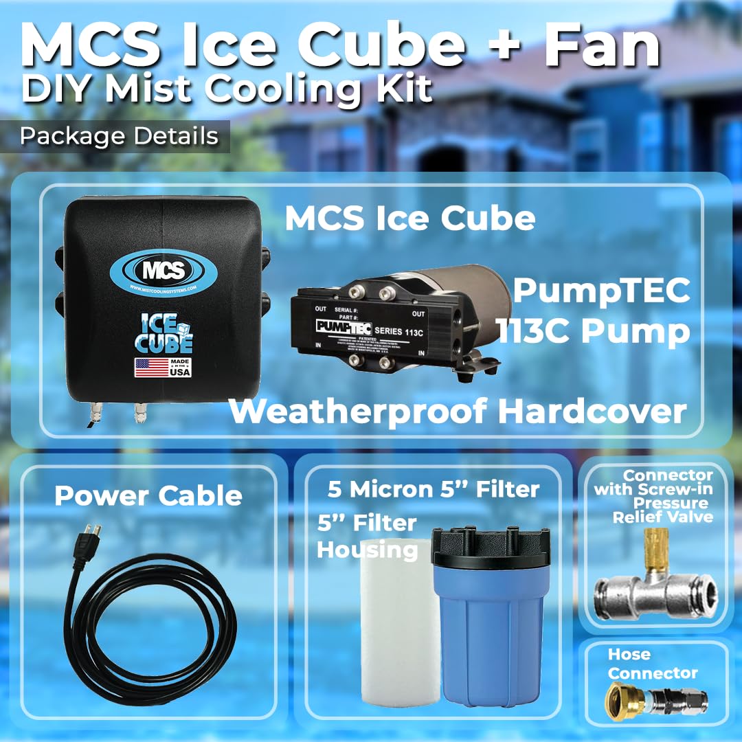 Ice Cube Water Pump + 18'' Stainless Steel Misting Fan Kit - Easy Outdoor DIY Commercial Grade Performance Cooling